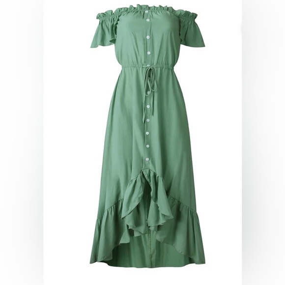 ANNA-KACI Frilled Ruffle Off The Shoulder Sage Green Maxi Dress. Sz: Medium - Picture 3 of 16